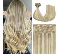 Honsoo Clip In Virgin Hair Extensions 18inch 70g 7pcs Mixed Bleach Blonde Real Human Hair Extensions Balayage Straight Silky Real Human Hair