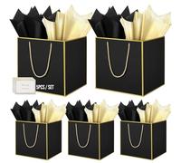 HONTIUS 11.8'' Square Large Gift Bag, Black Extra Large Gift Bag Bags for Presents Big Paper Bag with Tissue Paper Cards, 30cm Wedding Birthday Party Present Bridesmaid Gift Gifts Bag for Women 5PCS