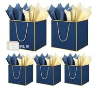 HONTIUS 11.8'' Square Large Gift Bag, Blue Extra Large Gift Bag Bags for Presents Big Paper Bag with Tissue Paper Cards, 30cm Wedding Birthday Party Present Bridesmaid Gift Gifts Bag for Women 5PCS