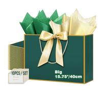 HONTIUS 15.75'' Extra Large Gift Bag, 10pcs Green Wholesale Presents Big Paper Gift Bags Ribbons Cards, 40 * 30 * 12.5cm Wedding Birthday Party Favor Present Bridesmaid Gift Gifts Bag Reinforced Base
