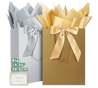 HONTIUS 15.75'' Extra Large Gift Bag, 2pcs Vertical Gift Bags for Presents Big Paper Bag with Tissue Paper Cards Bows, 40*30*12.5cm Wedding Chrismas Birthday Party Present Bridesmaid Gift Gifts Bag G