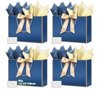 HONTIUS 15.75'' Extra Large Gift Bag, Recyclable Presents Big Paper Gift Bags with Handles Ribbons Cards, 40*30*12.5cm Wedding Birthday Party Present Bridesmaid Gift Gifts Bag Reinforced Base 4PCS F