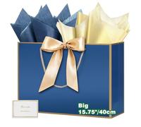 HONTIUS 15.75'' Large Gift Bags with Ribbons and Cards, Presents Big Paper Gift Bags with Handles, 40 * 30 * 12.5cm Wedding Birthday Party Present Bridesmaid Gift Gifts Bag 8 Tissue Paper Included D