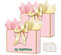 HONTIUS 2PCS 15.75'' Extra Large Gift Bag, Recyclable Presents Big Paper Gift Bags with Handles Ribbons Cards, 40*30*12.5cm Wedding Birthday Party Present Bridesmaid Gift Gifts Bag Reinforced Base B