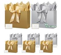 HONTIUS Extra Large Gift Bag, 15.35" Vertical Gift Bags for Presents Big Paper Bag with Tissue Paper And Cards, 40*30*12.5cm Wedding Birthday Party Present Bridesmaid Gift Gifts Bag (8pcs gold grey)