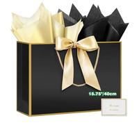 HONTIUS Extra Large Gift Bag, 15.75" Black Gift Bags for Presents Big Paper Bag with Tissue Paper And Cards, 40*30*12.5cm Wedding Birthday Party Present Bridesmaid Gift Gifts Bag for Women Christmas