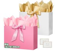 HONTIUS Extra Large Gift Bag, 15.75" Gift Bags for Presents Big Paper Bag with Tissue Paper And Cards, 40*30*12.5cm Wedding Birthday Party Present Bridesmaid Gift Gifts Bag for Women Christmas 2PCS M