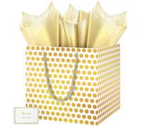 HONTIUS Large Gift Bag, 11.8'' Square Extra Large Gift Bag Bags for Presents, Gold Dots Big Paper Bag, 30cm Wedding Birthday Party Present Bridesmaid Gift Gifts Bag with Tissue Paper Cards 1pcs D