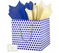 HONTIUS Square Gift Bag, 11.8'' Extra Large Gift Bags Bag with Reinforced Base Tissue Paper Card, Foil Polka Dot Present Bag for Birthday Wedding Baby Shower Bridesmaid Christmas Easter Halloween B