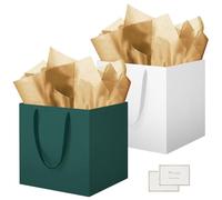 HONTIUS Square Gift Bag, 2PCS 11.9" Extra Large Gift Bag Bags for Presents Big Paper Bag with Tissue Paper Cards, 30cm Wedding Birthday Party Present Bridesmaid Gift Gifts Bag for Women Green White