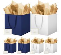 HONTIUS Square Gift Bag, 6PCS 11.9" Extra Large Gift Bag Bags for Presents Big Paper Bag with Tissue Paper Cards, 30cm Wedding Birthday Party Present Bridesmaid Gift Gifts Bag for Women Blue White