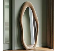 Honyee Full Length Mirror, 63" x 24" Wall Mirror, Flannel Wrapped Wooden Frame Floor Mirror, Irregular Wavy Mirror Hanging or Leaning Against Wall for Cloakroom/Bedroom/Living Room, Milk Tea