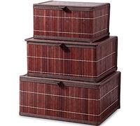 Honygebia Bamboo Decorative Storage Boxes - Set of 3 Woven Lined Storage Basket with Lids, Retro Brown Wicker Lidded Baskets for Home Kitchen Shelf Organizer Decor