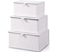 Honygebia Bamboo Decorative Storage Boxes - Set of 3 Woven Lined Storage Basket with Lids, White Wicker Lidded Baskets for Home Kitchen Shelf Organizer Decor