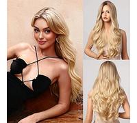 Honygebia Blonde Middle Part Wig - Long Wavy Ombre Blond Wigs with Dark Roots for Women, Curly Synthetic Heat Resistant Hair, Natural Looking Cute Wigs for Halloween/Christmas/Cosplay/Party