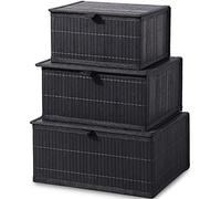 Honygebia Storage Basket with Lid - Black Decorative Bamboo Box for Organizing, Set of 3 Wicker Basket and Woven Fabric Lining for Home, Kitchen, Bathroom (Large/Medium/Small)