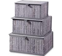 Honygebia Bamboo Decorative Storage Boxes - Set of 3 Woven Lined Storage Basket with Lids, Grey Marble Wicker Lidded Baskets for Home Kitchen Shelf Organizer Decor