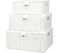 Honygebia White Wicker Storage Baskets - Set of 3 Decorative Nesting Boxes with Lids, Woven Basket with Lock & Handle, Organizer for Beauty Makeup Bathroom Decor