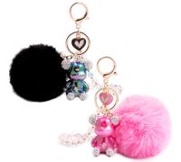 HONYJOOM Bear Keychain, Cute Keychains for Women, Pink Car Accessories for Girly, Pink Pom Pom Keychain, Black Pink, 3.93*3.34*1.57