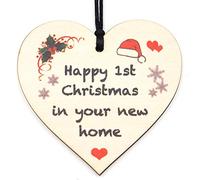 HONZEE Happy 1st Christmas in New Home Heart Plaque, Rustic Wooden Christmas Ornament, Housewarming Gift for Friends