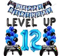 HONZSAN 12th Birthday Decorations for Boys, Level Up 12 Video Game Theme Party Decor Favors, Black Blue Latex Balloons Gaming Birthday Banner for Kids 12 Year Party Decoration