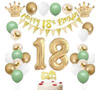 HONZSAN 18th Birthday Decorations Sage Green Gold White - Happy 18th Birthday Banner, Cake Topper, Number 18 Foil Balloon, Confetti Balloons for Boys Girls 18 Years Party Decor