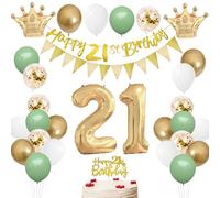 HONZSAN 21st Birthday Decorations Sage Green White Gold - Happy 21st Birthday Banner, Cake Topper, Number 21 Foil Balloon, Confetti Balloons for Women Men 21 Years Party Decor