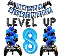 HONZSAN 8th Birthday Decorations for Boys, Level Up 8 Video Game Theme Party Decor, Black Blue Balloons Gaming Birthday Banner for Kids 8 Year Party Decoration