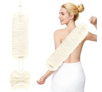 HONZUEN 2-in-1 Stretch Bath Sponge & Back Scrubber, Long Exfoliating Shower Puff Loofah Strap, Nylon Mesh Body Scrubber for Deep Cleaning, Sponges Bath with Suction Cup Hook and Pull Rope, Oat Milk