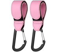 HONZUEN 2PCS Baby Buggy Clips for Pram, Leather Style Pram Clips for Bags with Carabiner Hook, Heavy Duty Stroller Hooks for Pushchair Stroller, Shopping Bags, Handbag (Pink)