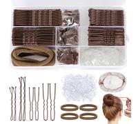 HONZUEN 385 Pcs Hair Pins & Bobby Pins Set - 150 U Shaped Hair Pins, 125 Bobby Hair Grips, 100 Clear Elastic Hair Bands, 6 Bun Nets, 4 Scrunchies, Brown Bun Kit with Box