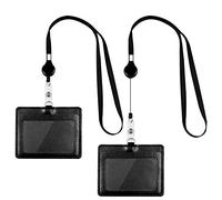 HONZUEN Name Badge Holders, Retractable Lanyard with PU Leather Double-Sided Horizontal Card Holder, Long Lanyard Neck Strap with Retractable Badge Reel with Cardholder for Office Exhibition, 2 Pack