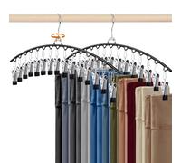 HONZUEN Trouser Hangers with Clips, 2 Pack Clothes Hangers for Wardrobe Storage, Pants & Skirt Storage, Space Saving Design, 30 Clip Black