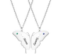 HooAMI Best Friend Necklace,Personalised Butterfly Friendship Necklace with Birthstone Pendant Name Engraved BFF Necklace for 2 Girls(Silver)