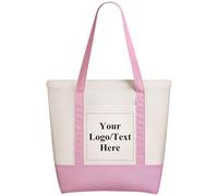 HooAMI Custom Canvas Tote Bag with Logo Personalized Tote Bag with Front Pocket Reusable Grocery Shopping Bag for Women, White/Pink
