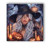 Hoobee Diamond Painting Full Drill Witch, 5D DIY Painting Kits Halloween Pumpkin, Crystal Rhinestone Cross Stitch Embroidery Pictures, Colorful Wall Decoration for Living Room Art Craft 35x35cm