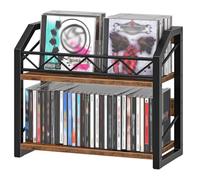 HOOBRO 2-Tier Vinyl Record Holder, CD Storage Rack with Non-Slip Feet, Holds up to 55 DVDs, Vinyl Record Storage, Space-Saving Desktop Organiser, Rustic Brown and Black EBF22CJ01