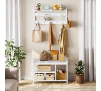 HOOBRO Coat and Shoe Rack, Coat Stand with 3-Tier Shoe Rack, White | Hall Tree with 15 Coat Hooks, 3-Tier Shoe Storage Rack, Shoe Bench for Hallway and Entrance, White EWW41MT01