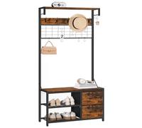 HOOBRO Coat Rack with Shoe Storage Bench, Coat Stand with Hooks and 2 Drawers, 4-in-1 Design, Coat and Shoe Rack, for Hallway, Entryway, Living Room, Bedroom, Rustic Brown and Black EBF08MT01