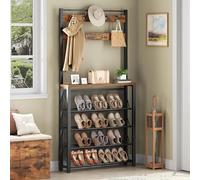 HOOBRO Coat Rack with Shoe Storage, Narrow Shoe Rack with Coat Rack and 9 Hooks, 5 Tier Slanted Storage Shelves, Coat Stand for Hallway, Entryway, Metal Frame, Sturdy, Rustic Brown EBF20MT01