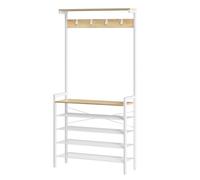 HOOBRO Coat Stand, Coat Rack with Shoe Storage, Industrial Hall Tree, Large Hall Stand, 5 Removable Hooks, Wood Accent Top Shelf, Entryway Storage Shelf, Metal Frame, Natural and White EWN74MT01