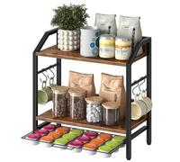 HOOBRO Coffee Station Organizer, Coffee Pod Storage Drawer Compatible with Dolce Gusto, 2 Tier Kitchen Storage Rack with 4 Removable Hooks for Kitchen, Office, Rustic Brown and Black EBF11CR01