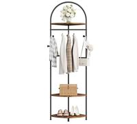 HOOBRO Corner Coat Stand, Coat Rack Stand with 4 Hooks, 3 Shelves and Hanging Rail, Coat Stands for Hallway, Clothes Rail Clothing Rack with Shoe Storage for Small Space, Rustic Brown EBF49YM01