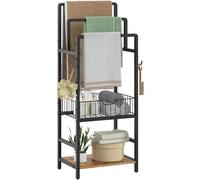 HOOBRO Free Standing Towel Rail, 40 L x 29 W x 100 H cm, 3-Tier Towel Rack with Multi-Purpose Storage Basket, Shelf and Hooks, for Bathroom and Laundry, Black and Rustic Brown EBF13LB01