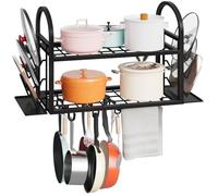 HOOBRO Hanging Pot Rack, Pot Rack Wall Mounted, with 6 Lid Holders, 2 Mesh Shelves, 10 Detachable S-Hooks & Towel Bar, Metal Pot and Pan Organizer, for Kitchen, Black EBB100TL01