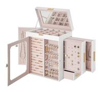HOOBRO Jewelry Box with Mirror, Travel Jewelry Organizer with Glass Window, Vertical Storage, Gift, Gift for Loved Ones, for Earrings, Rings, Necklaces, Bracelets, White EWT03JB04G2