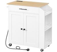 HOOBRO Kitchen Island on Wheels, Rolling Kitchen Island Storage Trolley with Spice Rack and Drawer, with Power Outlet, Utility Serving Cart, for Home, Dining Room, White and Natural EWN82KZD01G1