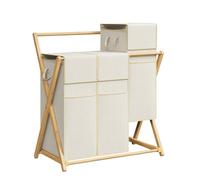 HOOBRO Laundry Basket with 3 Compartments, Collapsible Laundry Hamper, Removable Storage Bag with Lid, Front Pockets, Bamboo X-Shaped Frame, for Bathroom and Bedroom, Natural and Beige EYL84XY01