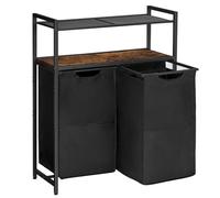 HOOBRO Laundry Basket with Shelf, Laundry Hamper 2 Compartments, Laundry Sorter, 2 x 49.5L, with 2 Pull-Out and Removable Bags, 2 Shelves, for Bathroom, Rustic Brown and Black EBF73XY01