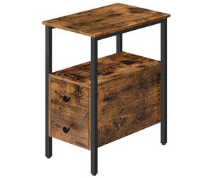 HOOBRO Narrow Side Table, Slim Bedside Table with 2 Drawers, Open Storage Shelf, Industrial Chair Side Lamp End Table for Small Space, Wood Bedroom